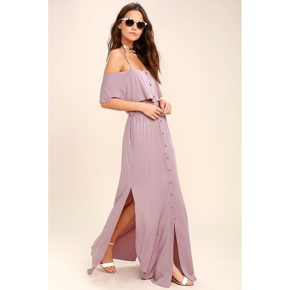 Lulu’s Life’s Wonders Off Shoulder Maxi Dress Size Medium Mauve Purple Button
